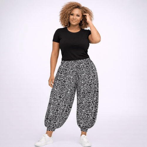 Black White Paisley Print Wide Leg Harem Pants - FullFab