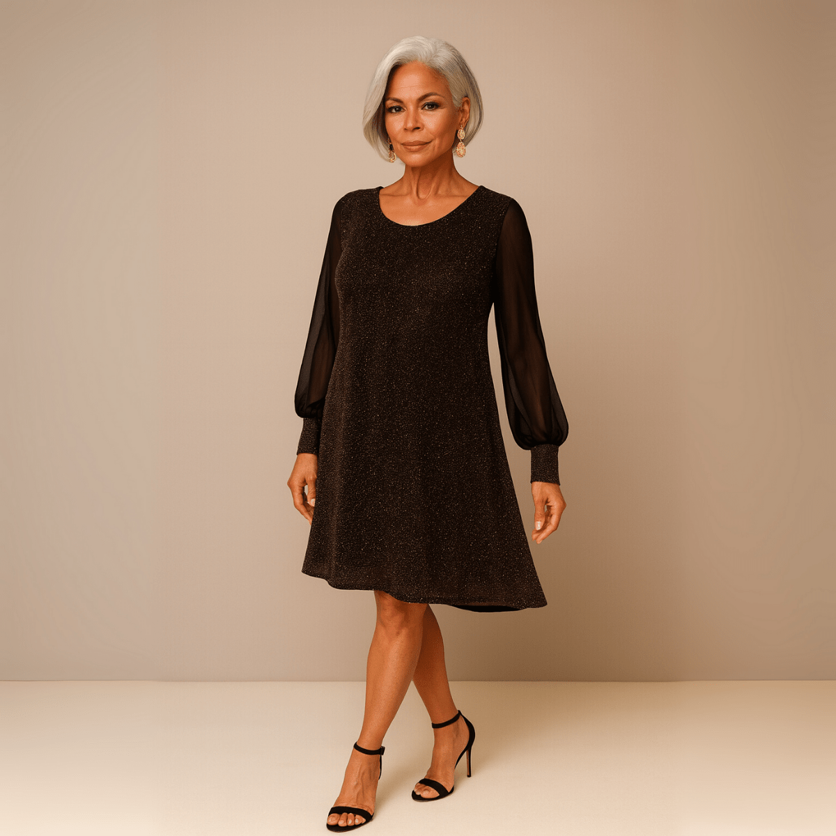 Sparkly Party Swing Dress with Chiffon Long Sleeves - FullFab