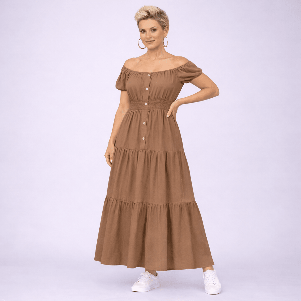 Off Shoulder Elastic Waist Gypsy Style Maxi Dress