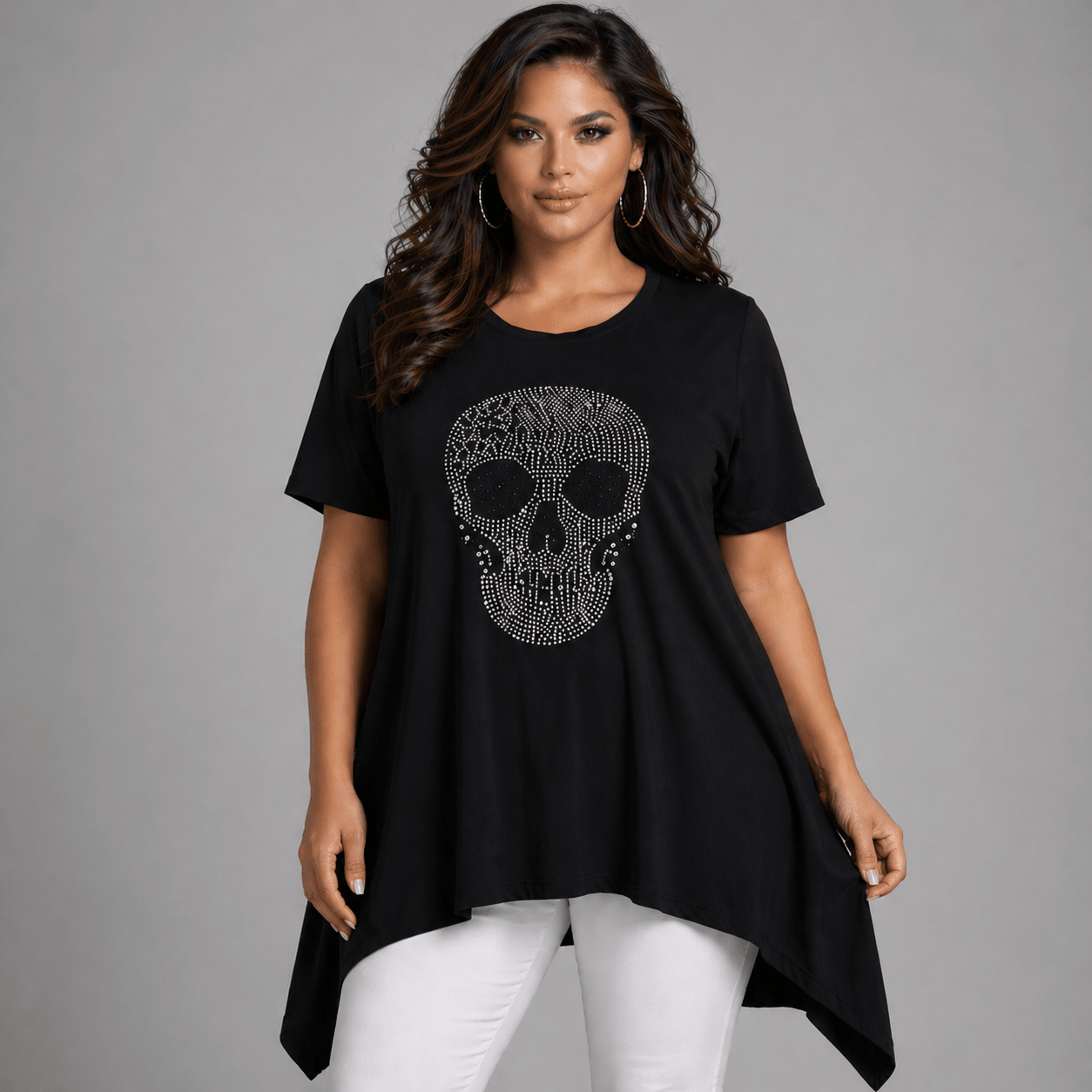 Short Sleeve Hanky Hem Studded Skull Long Length Top - FullFab