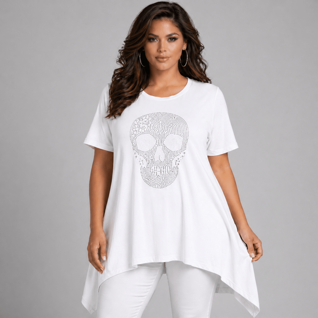 Short Sleeve Hanky Hem Studded Skull Long Length Top - FullFab