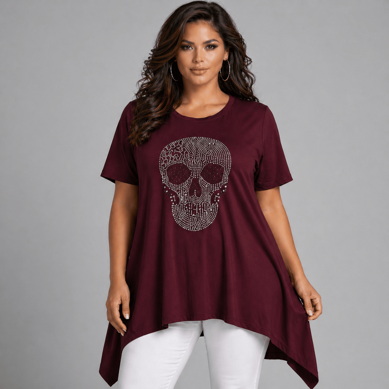 Short Sleeve Hanky Hem Studded Skull Long Length Top - FullFab