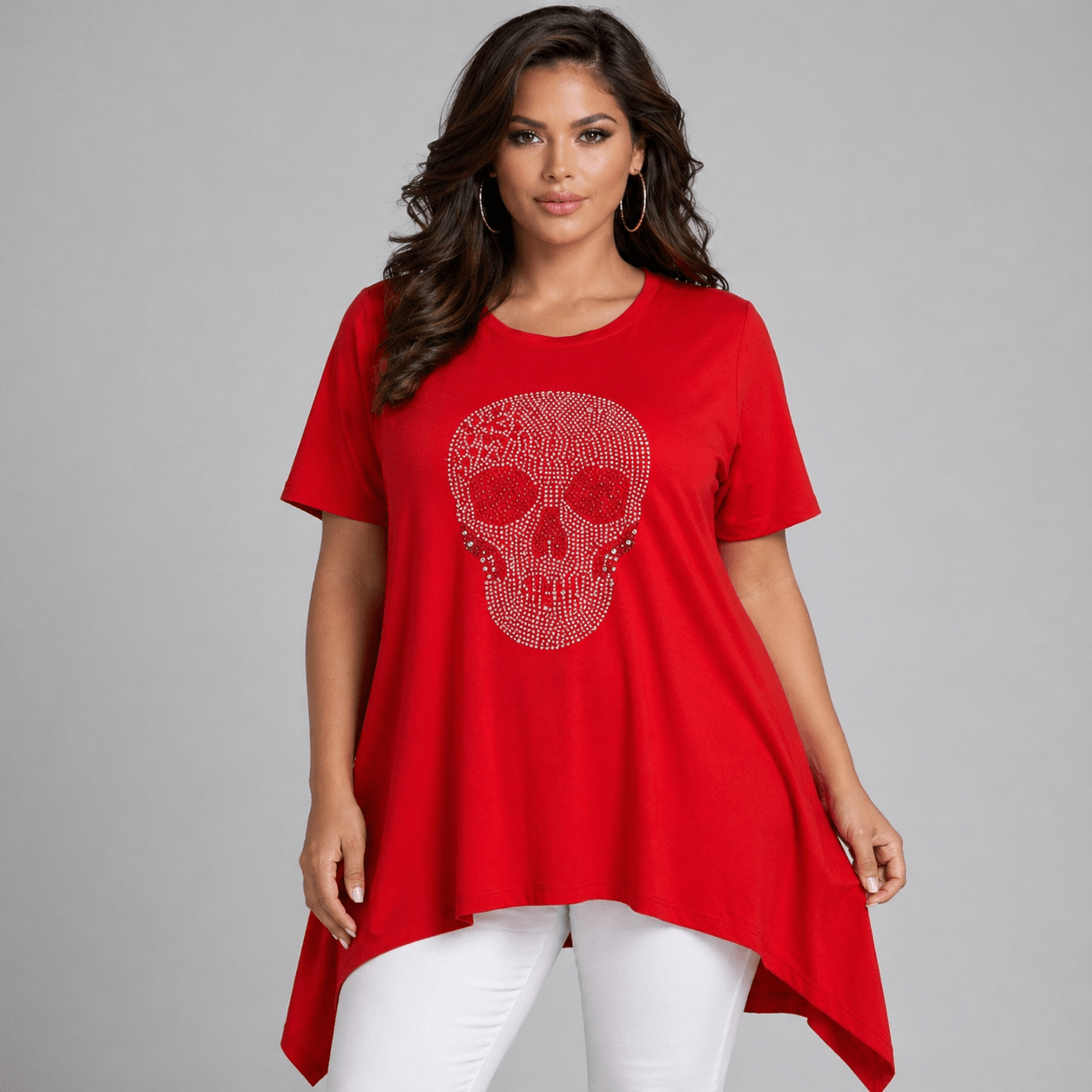 Short Sleeve Hanky Hem Studded Skull Long Length Top - FullFab