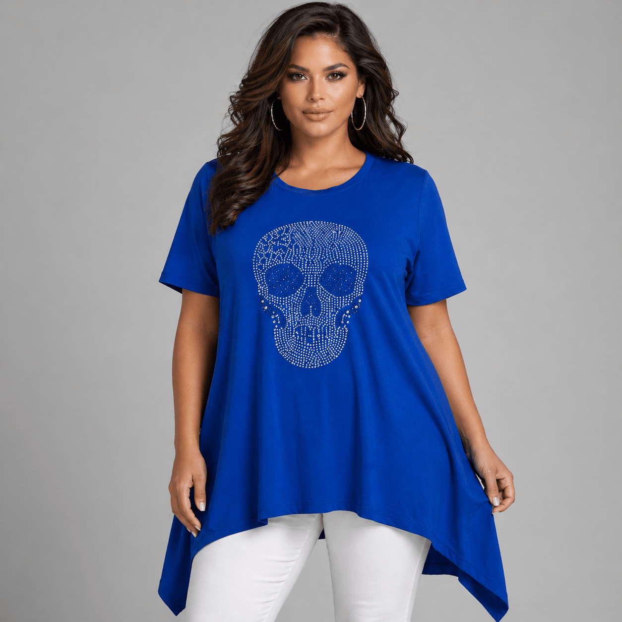 Short Sleeve Hanky Hem Studded Skull Long Length Top - FullFab