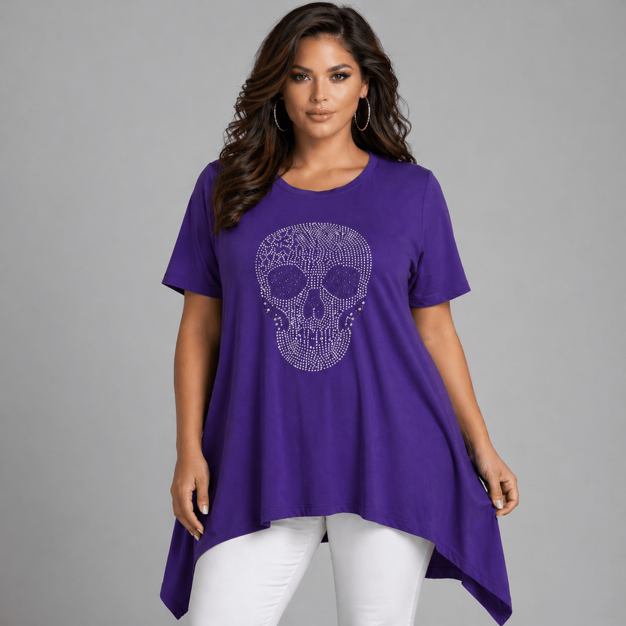 Short Sleeve Hanky Hem Studded Skull Long Length Top - FullFab