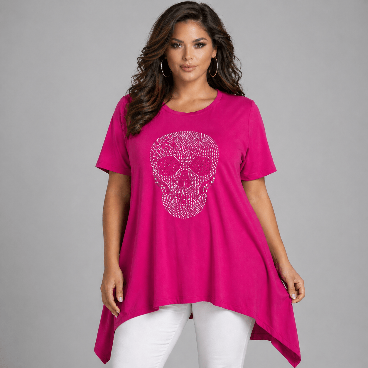 Short Sleeve Hanky Hem Studded Skull Long Length Top - FullFab