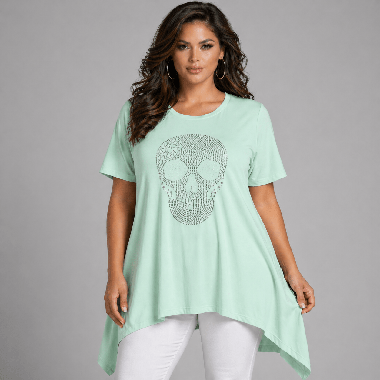 Short Sleeve Hanky Hem Studded Skull Long Length Top - FullFab