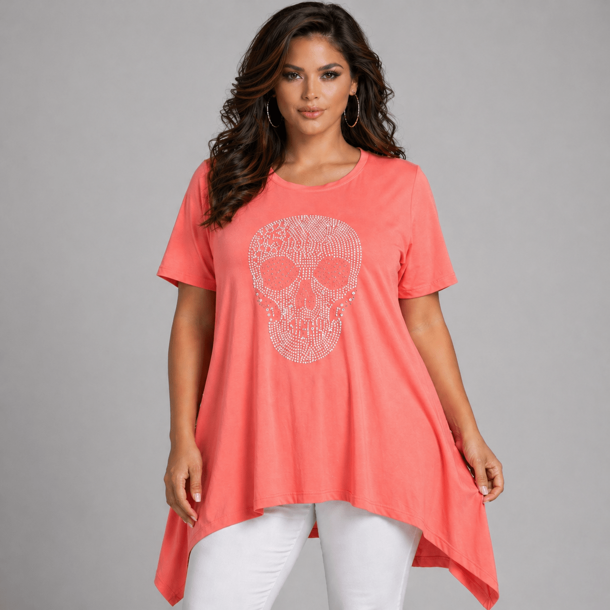 Short Sleeve Hanky Hem Studded Skull Long Length Top - FullFab