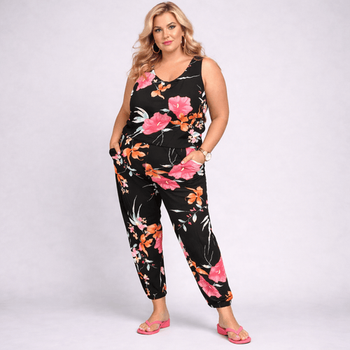 Black Tropical Sleeveless Jumpsuit with Pockets - FullFab