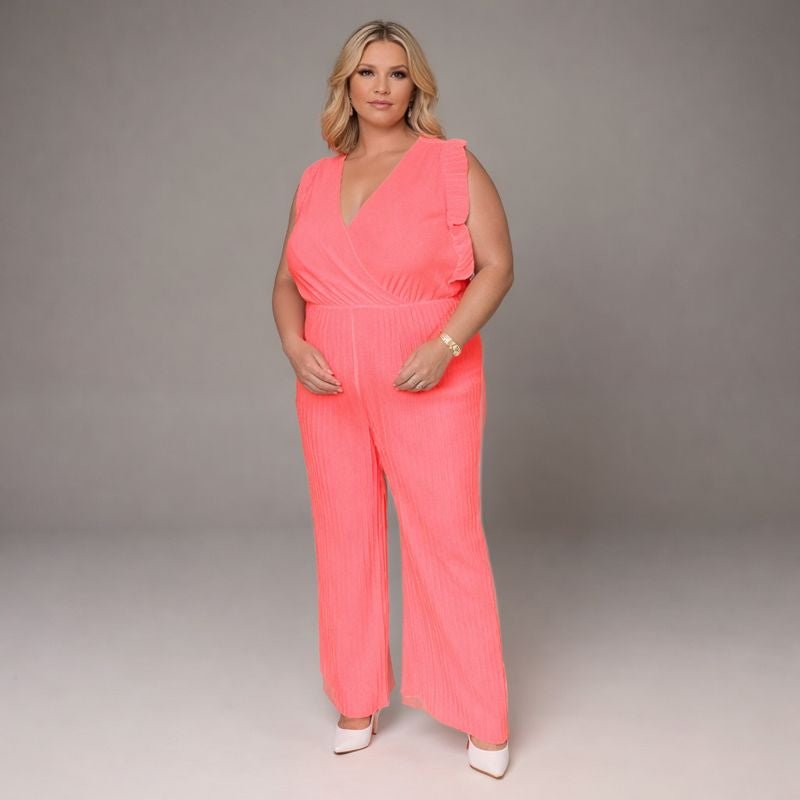 V-Neck Jumpsuit with Pleated Cap Sleeves & Frilled Hem - FullFab
