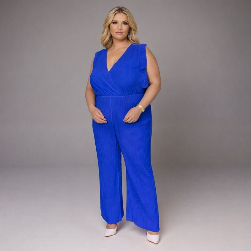 V-Neck Jumpsuit with Pleated Cap Sleeves & Frilled Hem - FullFab