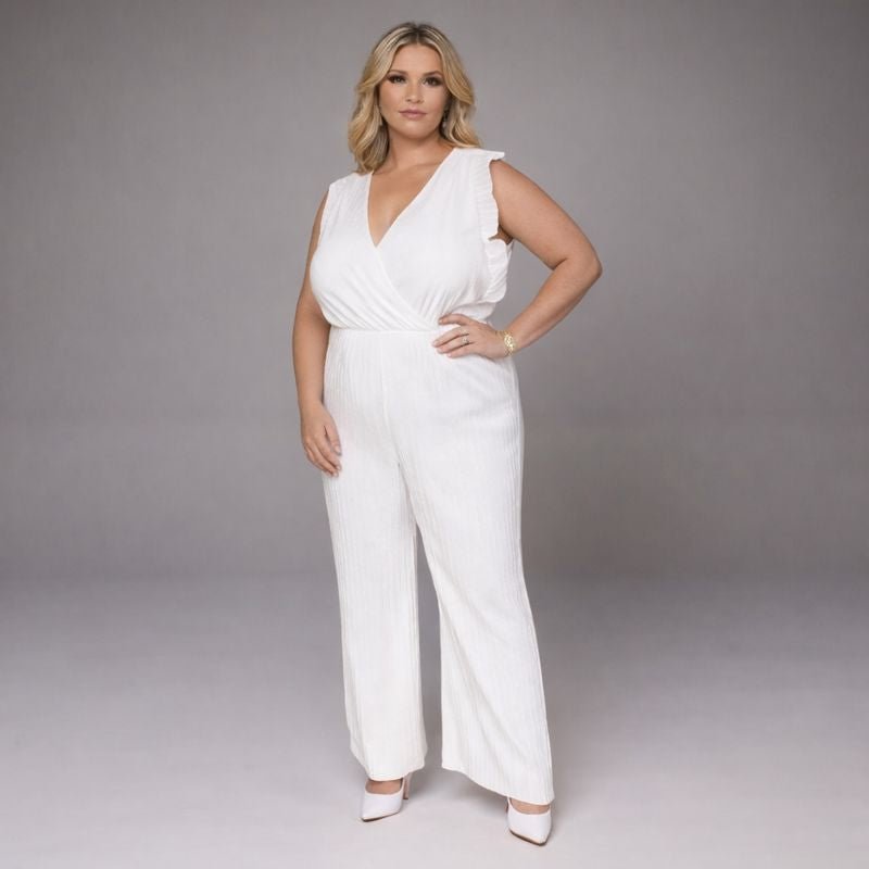 V-Neck Jumpsuit with Pleated Cap Sleeves & Frilled Hem - FullFab