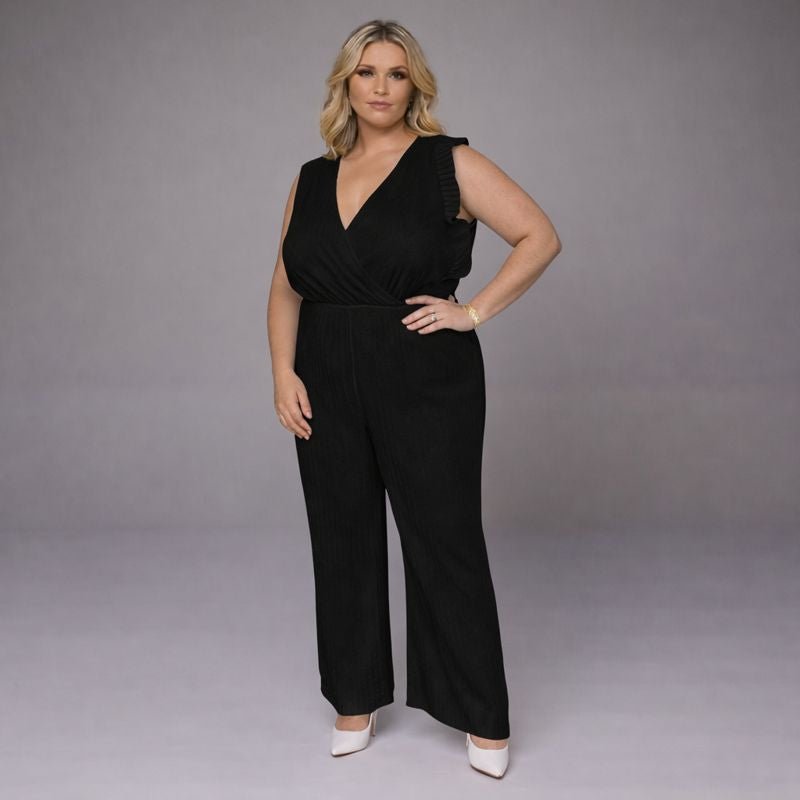 V-Neck Jumpsuit with Pleated Cap Sleeves & Frilled Hem - FullFab