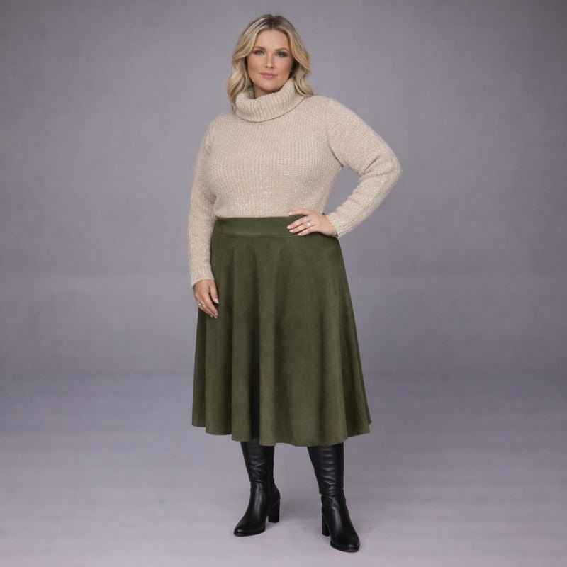 Faux Suede Elastic Waist Skater Skirt