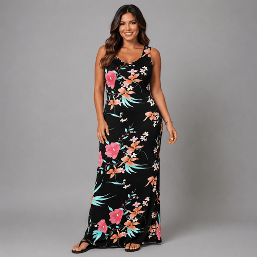 Black Tropical Sleeveless Maxi Dress - FullFab