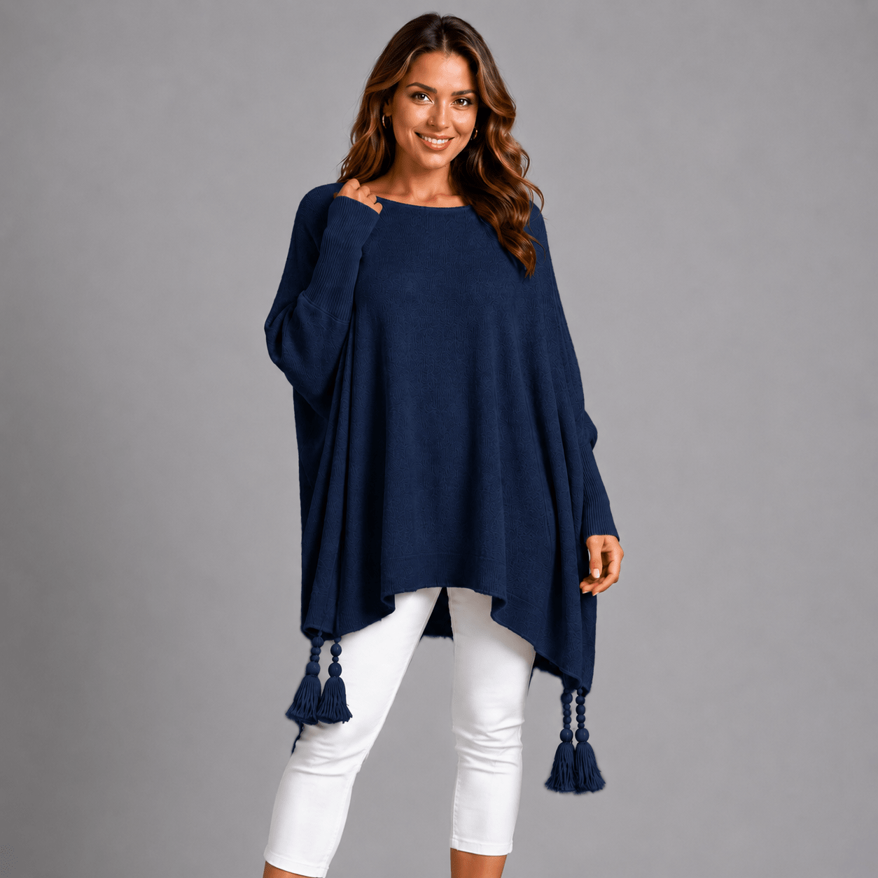 Slash Neck Oversized Jumper with Tassel Detail - FullFab