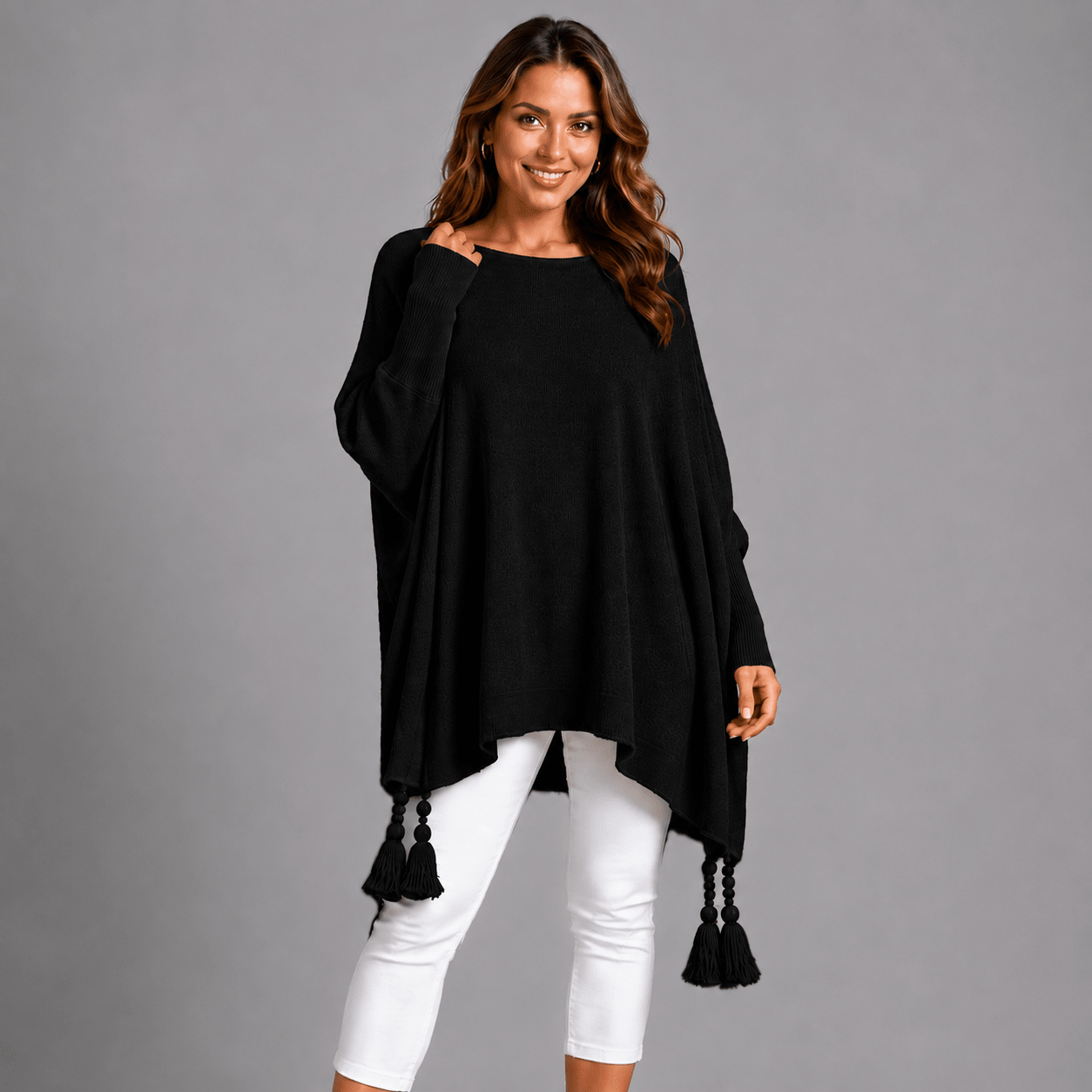Slash Neck Oversized Jumper with Tassel Detail - FullFab