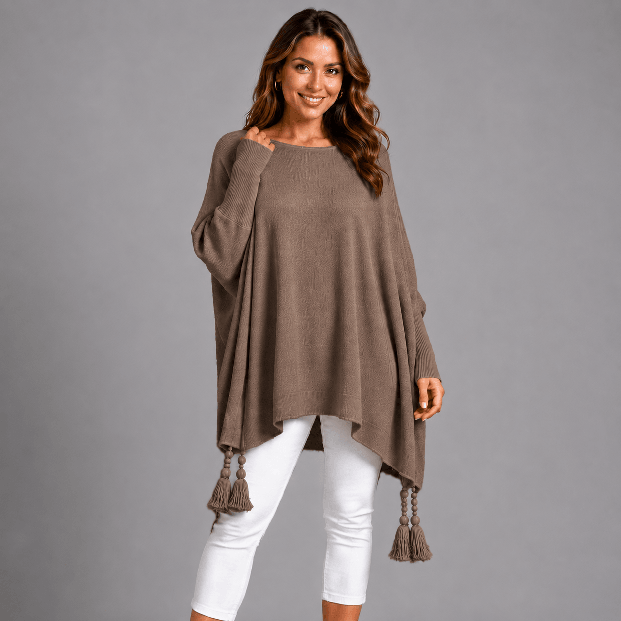 Slash Neck Oversized Jumper with Tassel Detail - FullFab