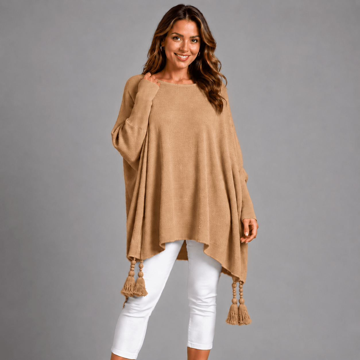 Slash Neck Oversized Jumper with Tassel Detail - FullFab