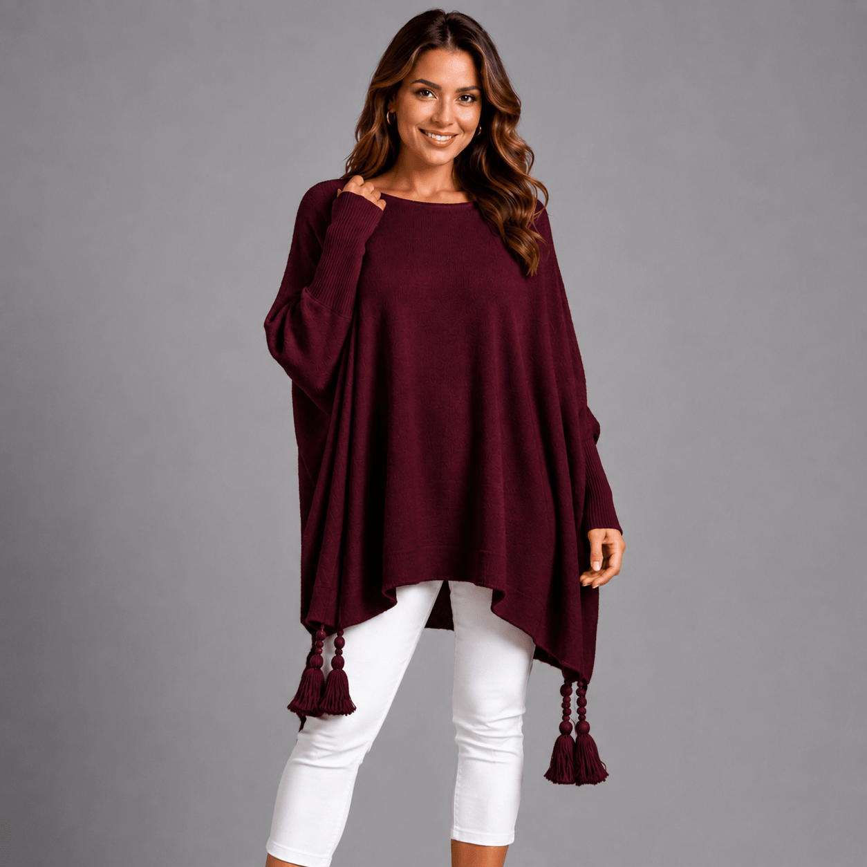 Slash Neck Oversized Jumper with Tassel Detail - FullFab