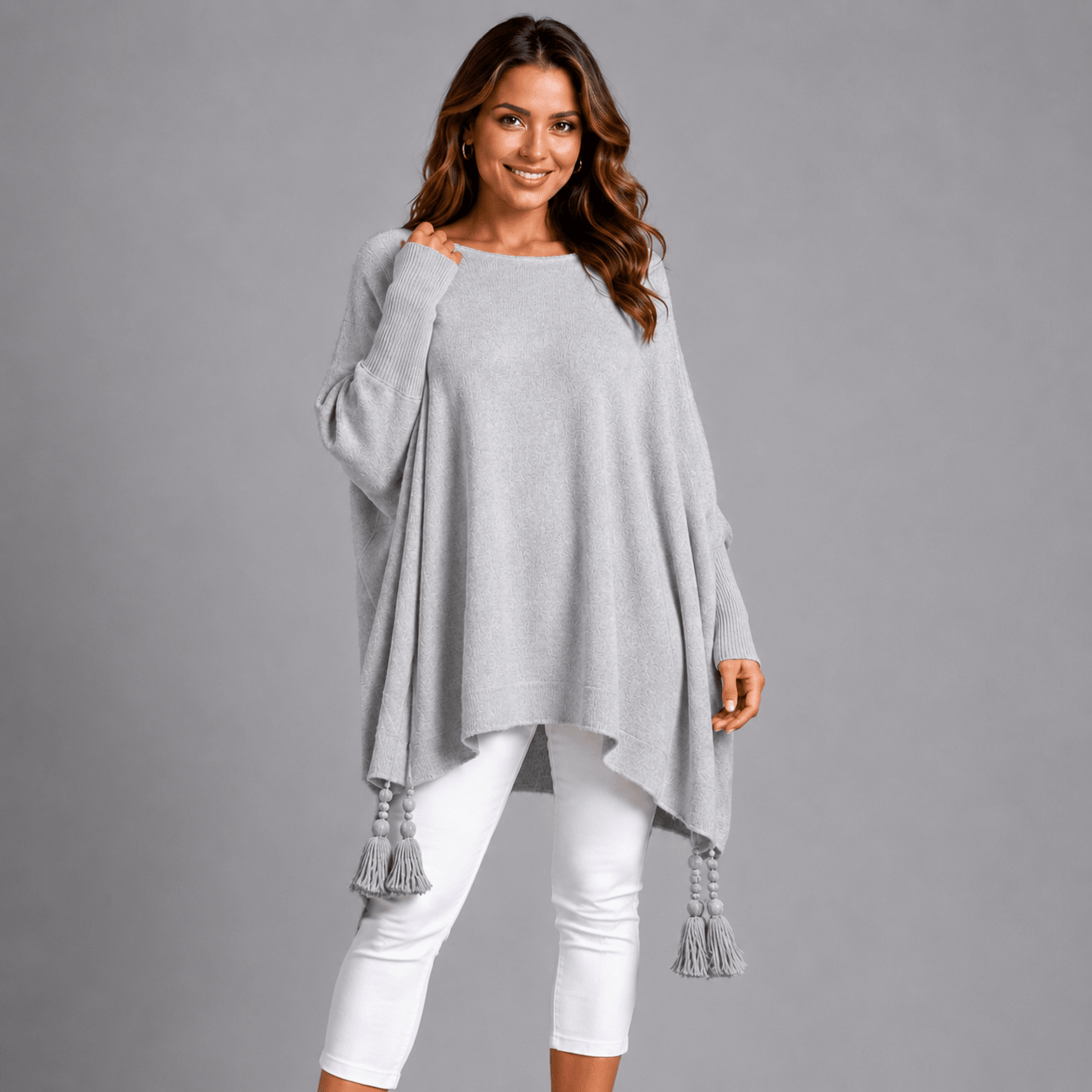 Slash Neck Oversized Jumper with Tassel Detail - FullFab