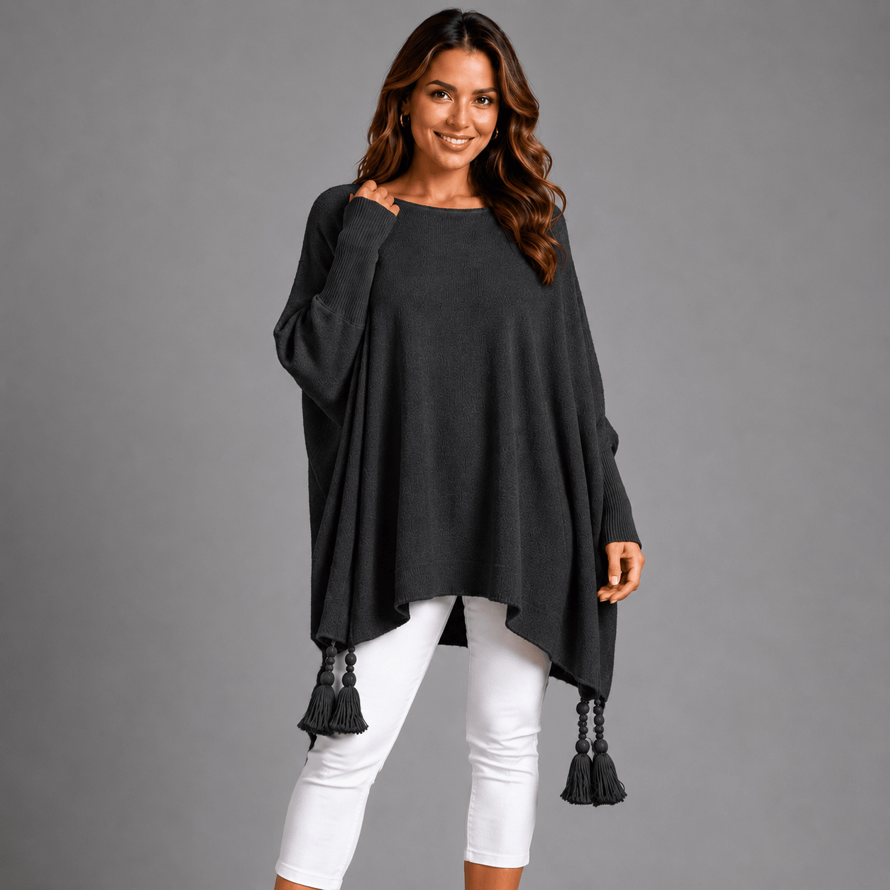 Slash Neck Oversized Jumper with Tassel Detail - FullFab
