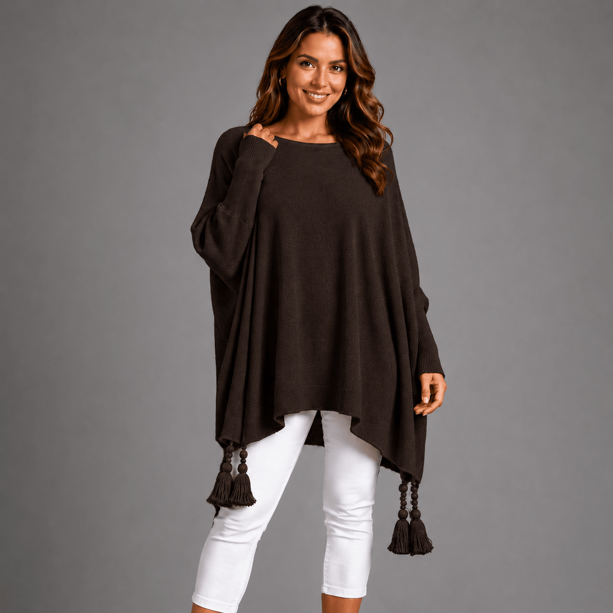 Slash Neck Oversized Jumper with Tassel Detail - FullFab