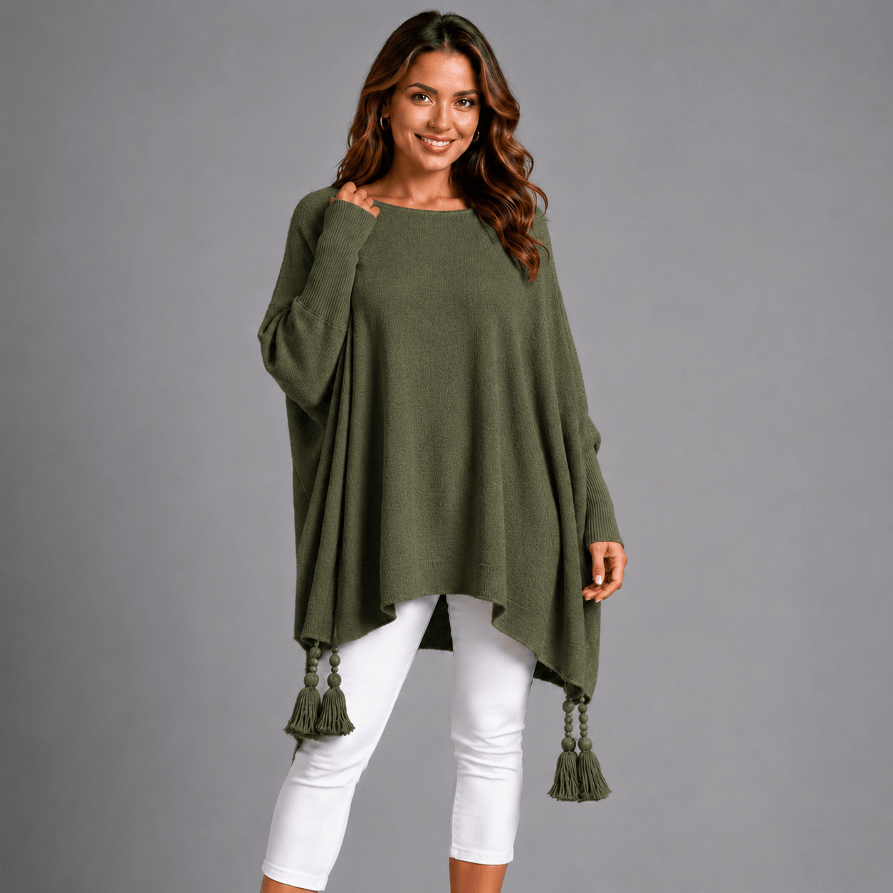 Slash Neck Oversized Jumper with Tassel Detail - FullFab