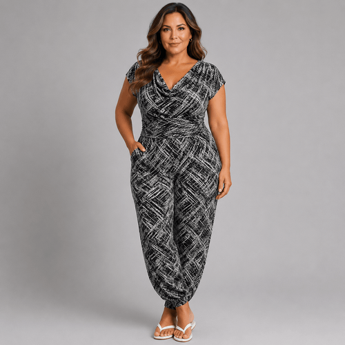 Black White Abstract Cowl Neck Jumpsuit - FullFab