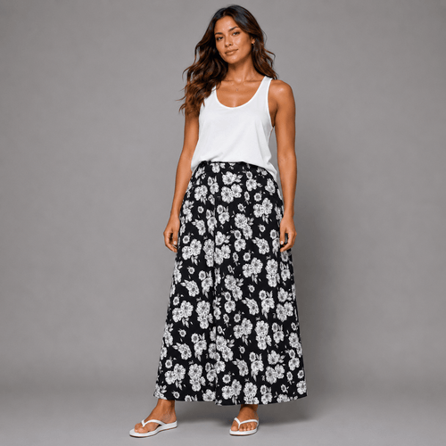 Black White Large Flowers Elastic Waist Maxi Skirt - FullFab