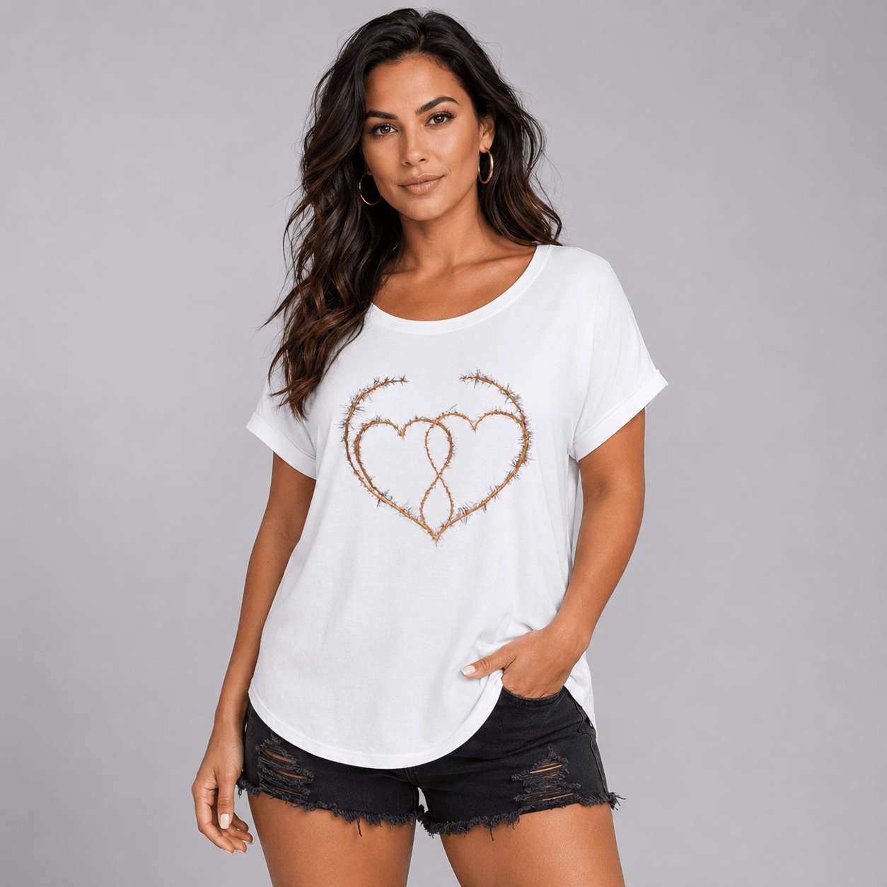 Thorn Hearts Dipped Hem T-Shirt - FullFab