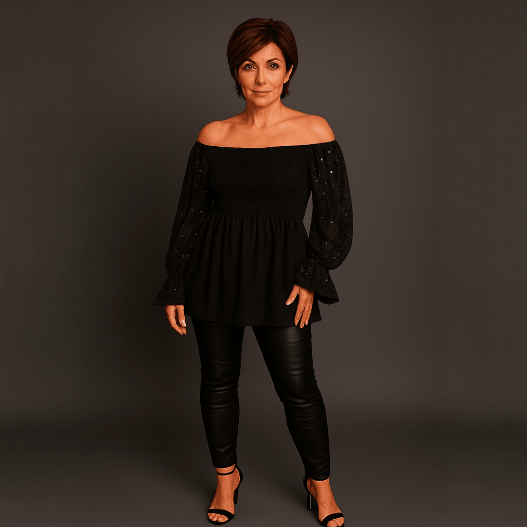 Sequin Sleeve Smocked Front Peplum Party Top - FullFab