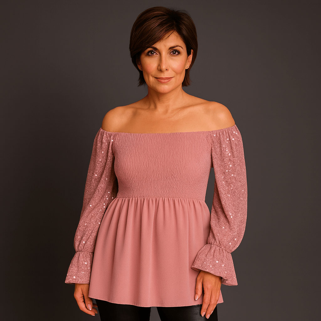 Sequin Sleeve Smocked Front Peplum Party Top - FullFab