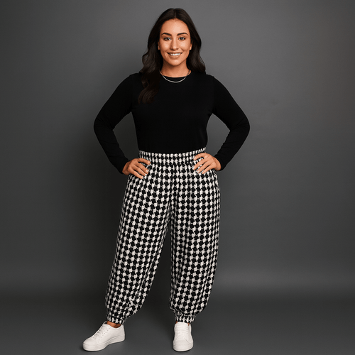 Black White Dogtooth Print Harem Pants - FullFab