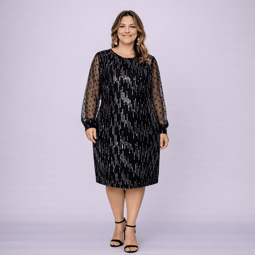 Cocktail Dress with Net Sleeves and Silver Sequins