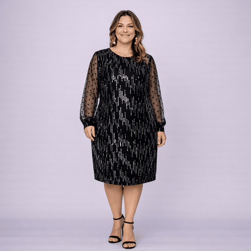 Cocktail Dress with Net Sleeves and Silver Sequins - FullFab