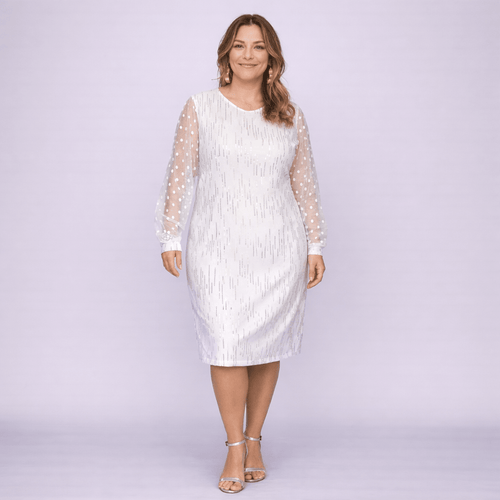 Cocktail Dress with Net Sleeves and Silver Sequins - FullFab