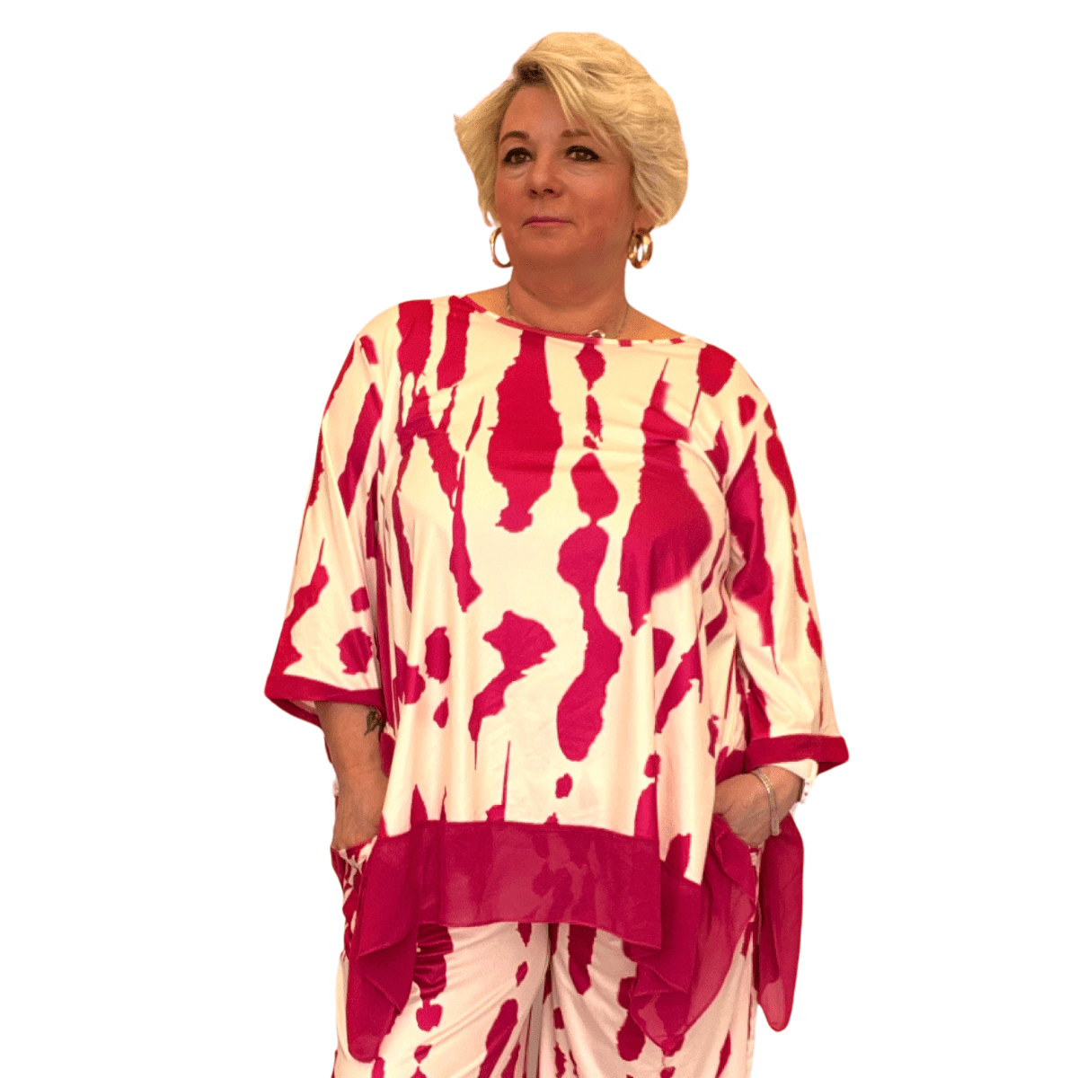 ROCKTHOSECURVES SPLASH EFFECT 3/4 SLEEVE TOP WITH CHIFFON HANKY HEM - FullFab