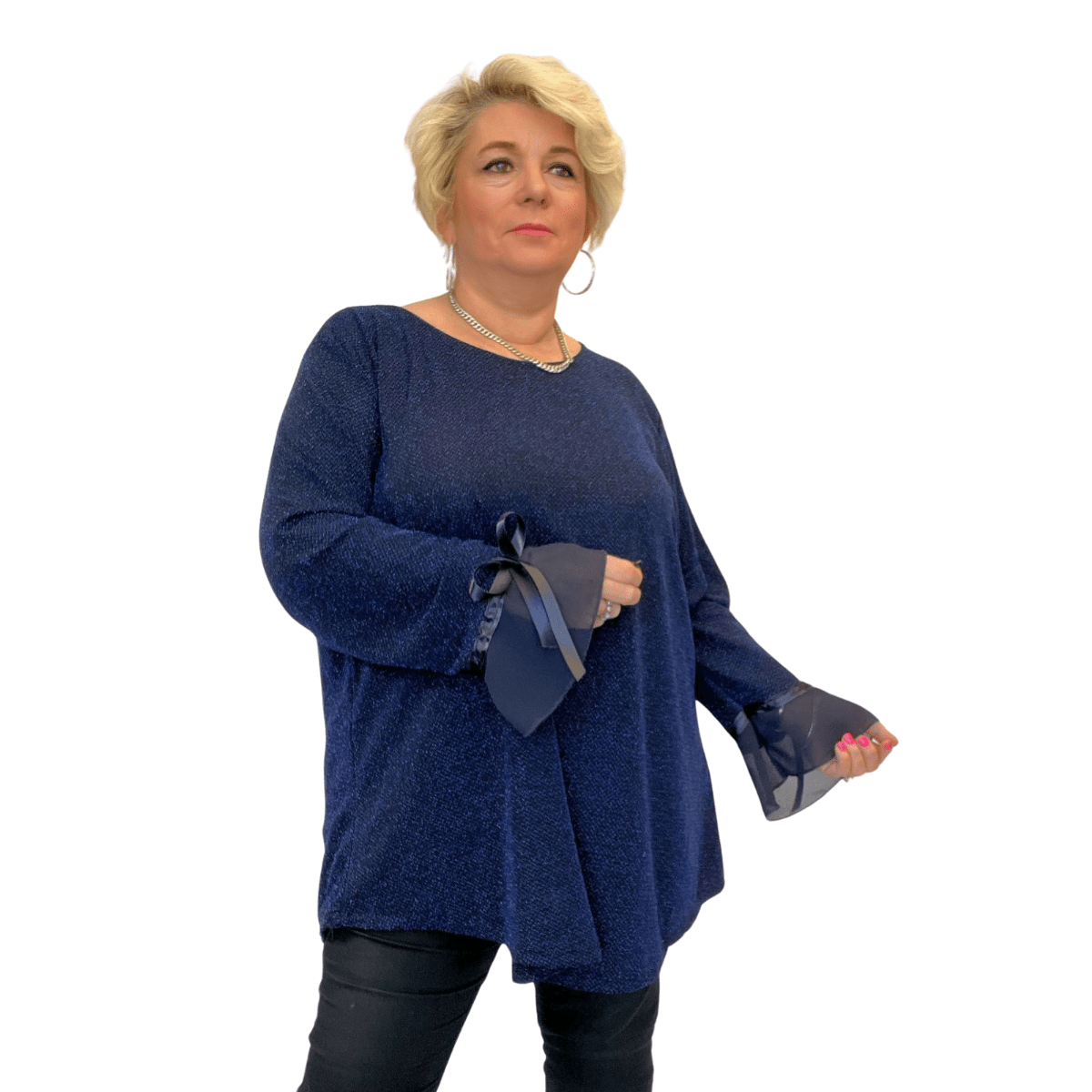 ROCKTHOSECURVES SPARKLY SHIMMER DIPPED HEM TOP WITH BOW CUFFS - FullFab