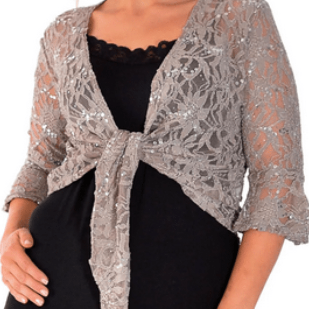 ROCKTHOSECURVES SEQUIN LACE 1/2 BELL SLEEVE TIE FRONT SHRUG / BOLERO JACKET - FullFab