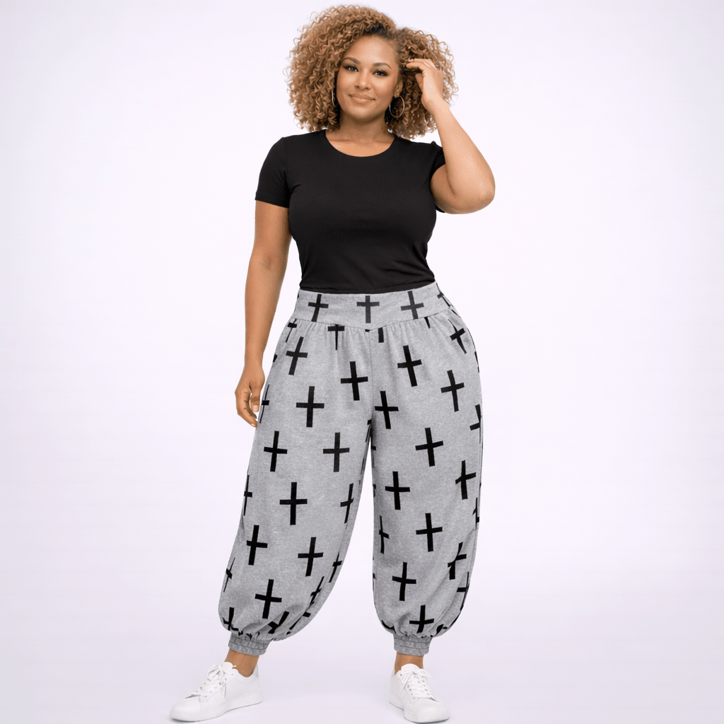 Cross Print Jogger Pants featuring a relaxed fit and elastic waistband.