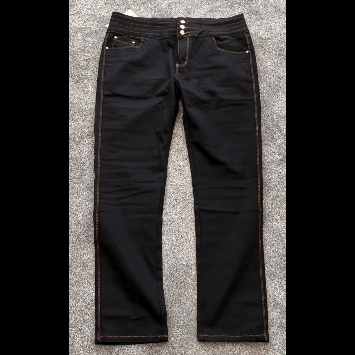ROCKTHOSECURVES BLACK STRETCH HIGH WAIST JEANS WITH GOLD BUTTONS AND LATTICE WAIST - FullFab