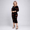Black Red 3/4 Sleeve Stretch Velvet Midi Dress - FullFab