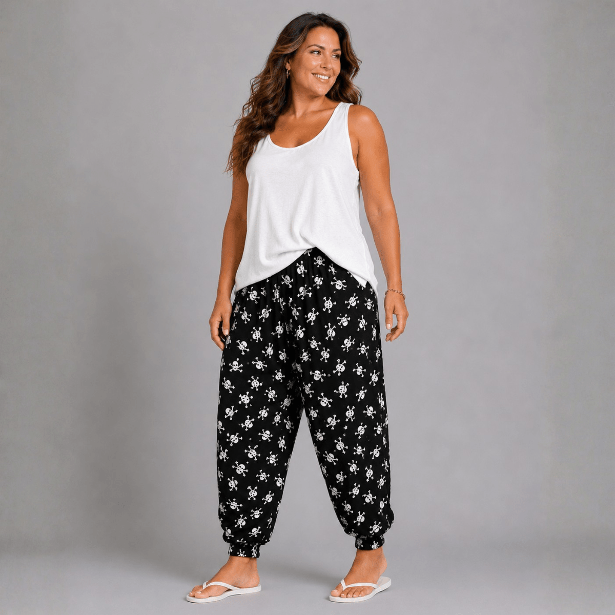 Black White Skull & Crossbones Harem Pants - FullFab