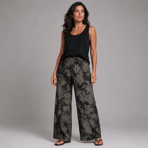 Black Floral Wide-Leg Pants featuring a relaxed fit and stylish design.