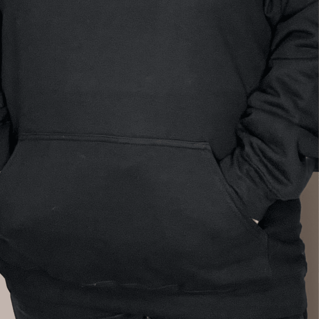 Black Hoodie featuring a front pocket and soft fabric for comfort.