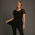 Sequin & Lace Short Sleeve Peplum Blouse - FullFab