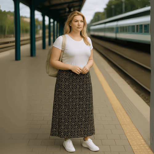 Black Pink Tile Elastic Waist Maxi Skirt - FullFab