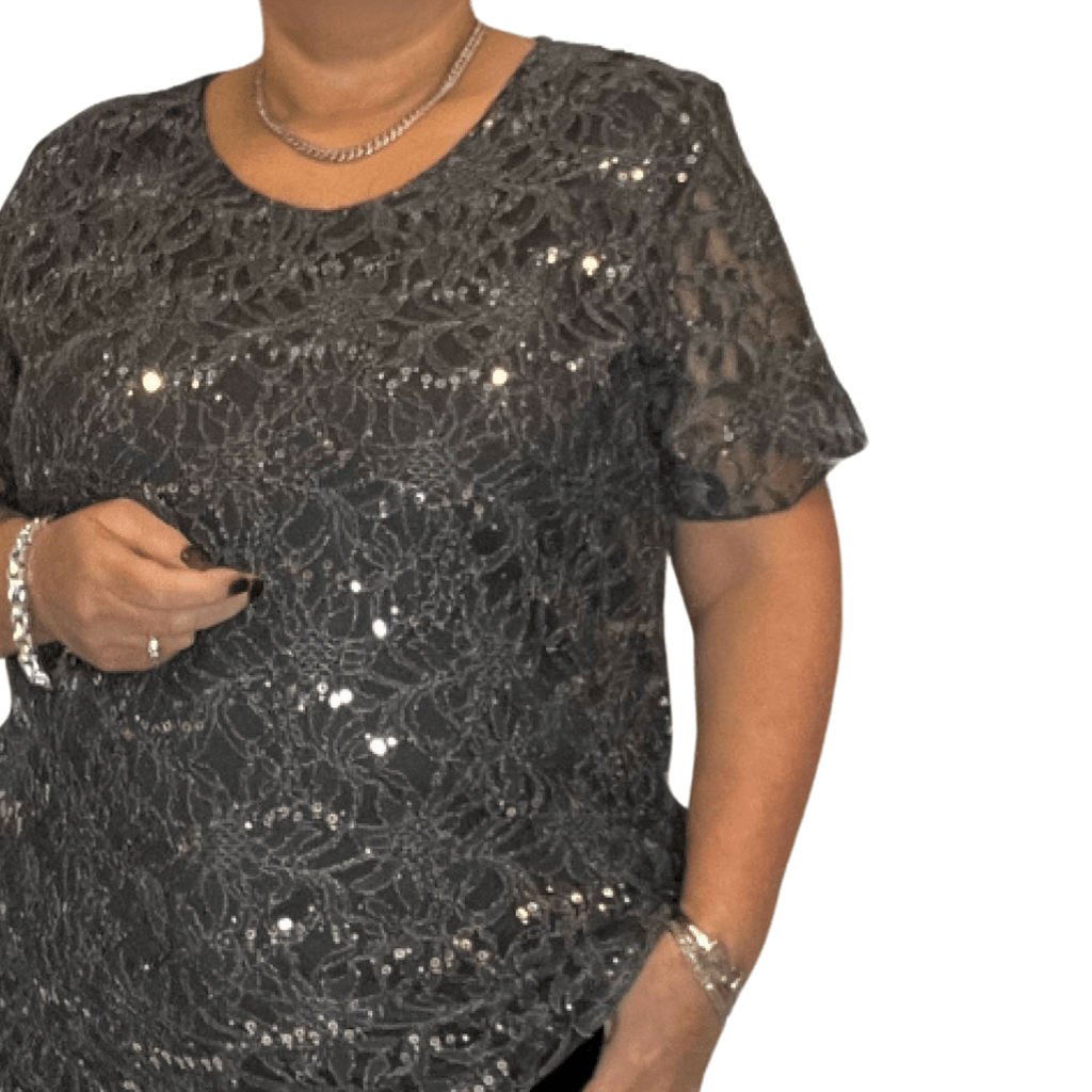 ROCKTHOSECURVES SEQUIN AND LACE SHORT SLEEVE BLOUSE / TOP - FullFab