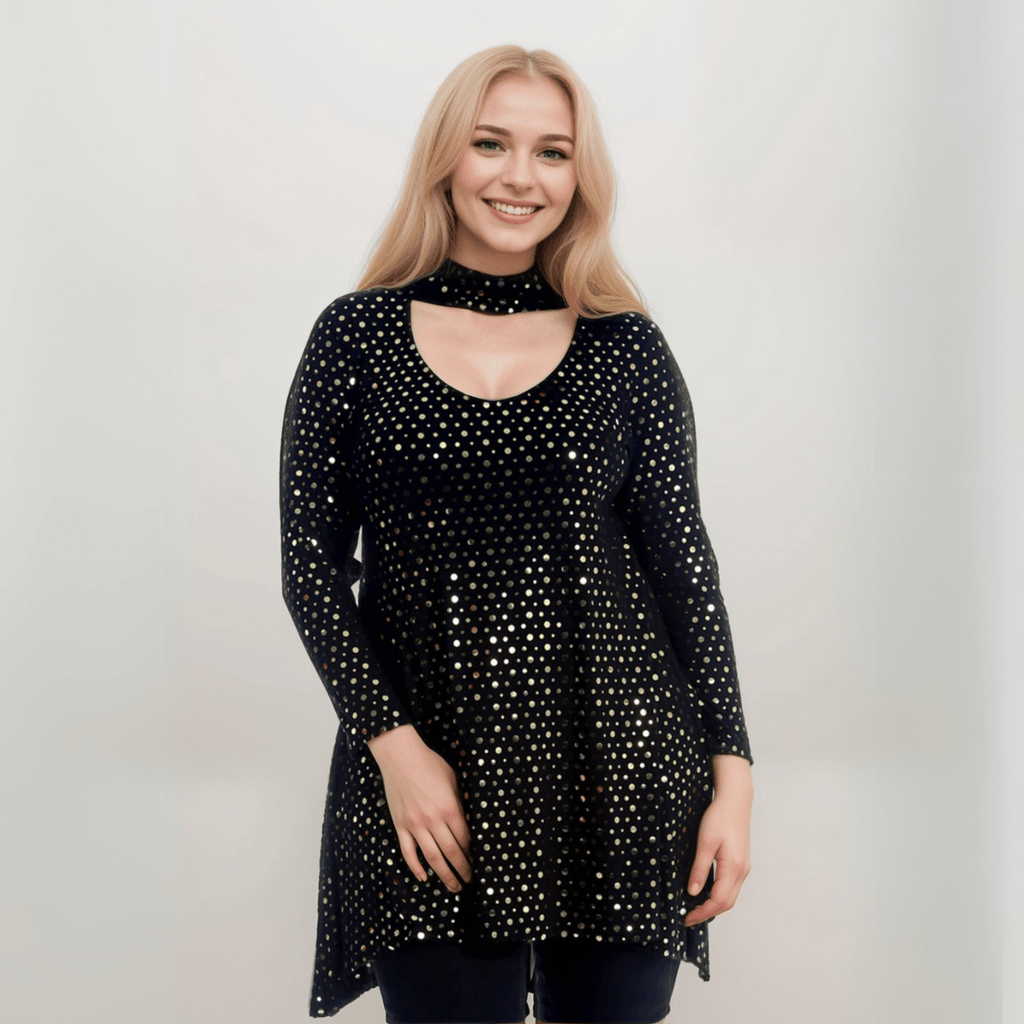 BLACK SEQUIN CHOKER NECK LONG SLEEVE SWING TOP - FullFab